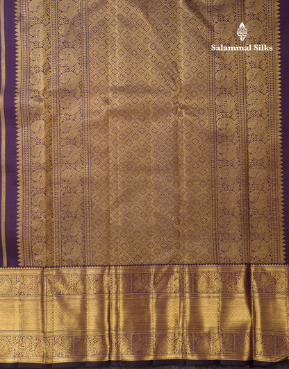 Beautiful Violet Chakaram & Mayil Butta Checks Bridal 2G Pure Kanjivaram Silk Saree With Traditional Evening Morning Border