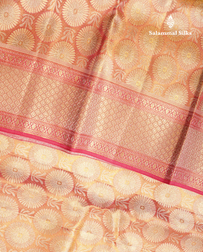 Beautiful Pinkish Orange Tissue Bridal Pure Kanjivaram Silk Saree With Fancy Border