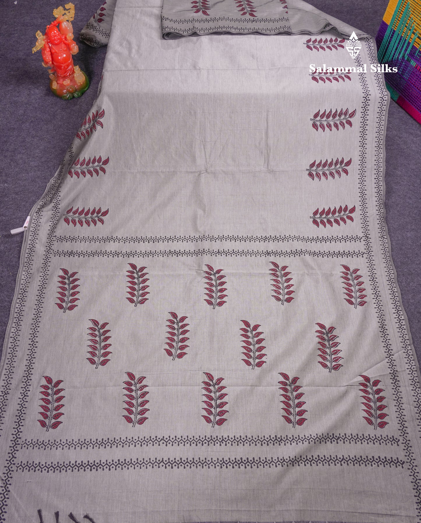 Beautiful Light Grey South Cotton Printed Saree With Contrast Reddish Maroon Blouse