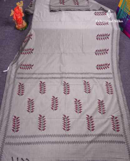 Beautiful Light Grey South Cotton Printed Saree With Contrast Reddish Maroon Blouse
