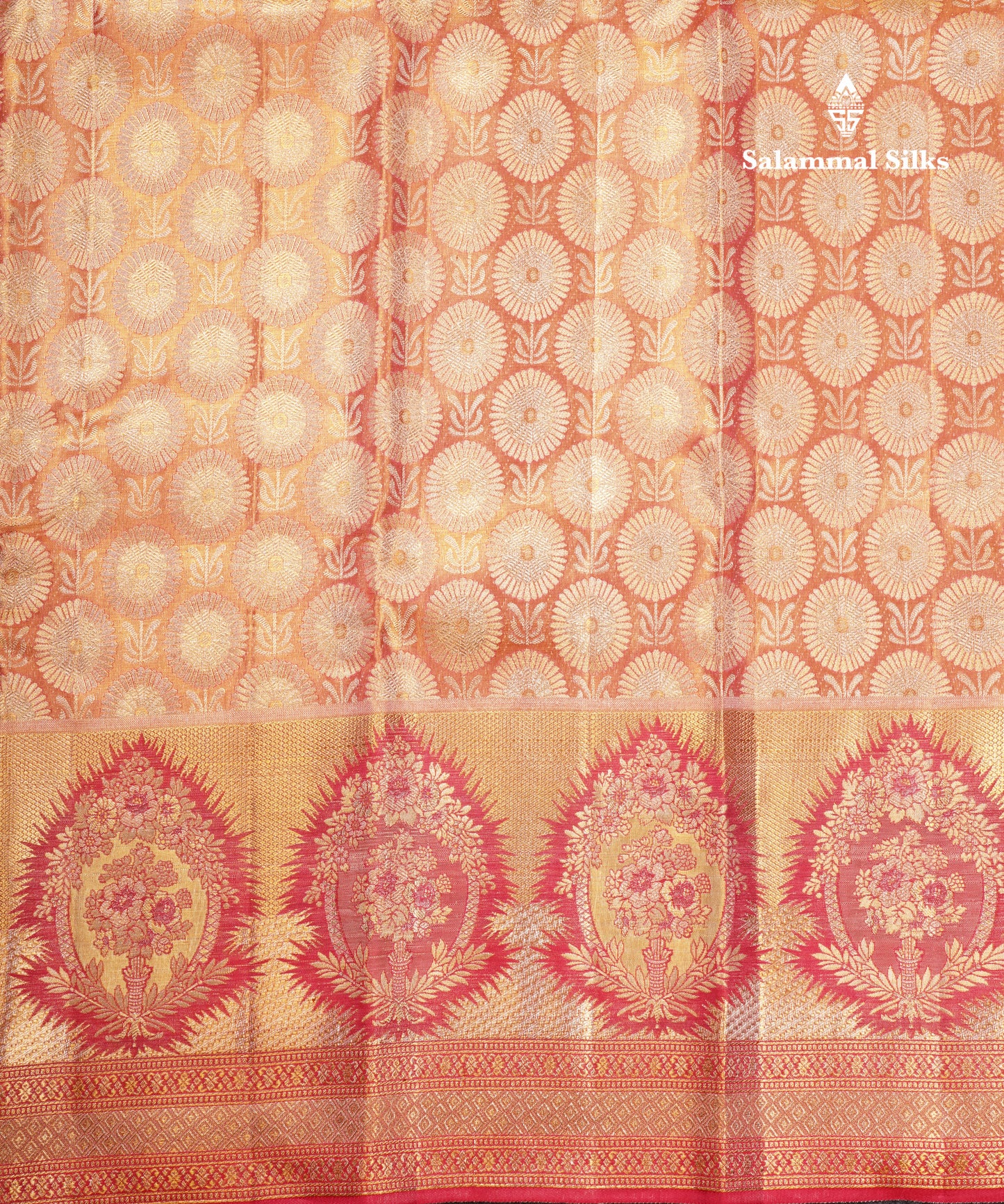 Beautiful Pinkish Orange Tissue Bridal Pure Kanjivaram Silk Saree With Fancy Border