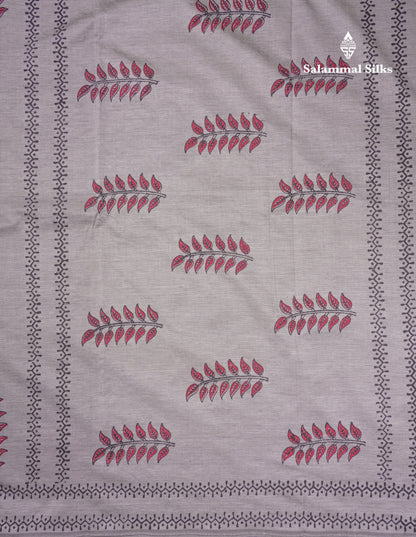 Beautiful Light Grey South Cotton Printed Saree With Contrast Reddish Maroon Blouse