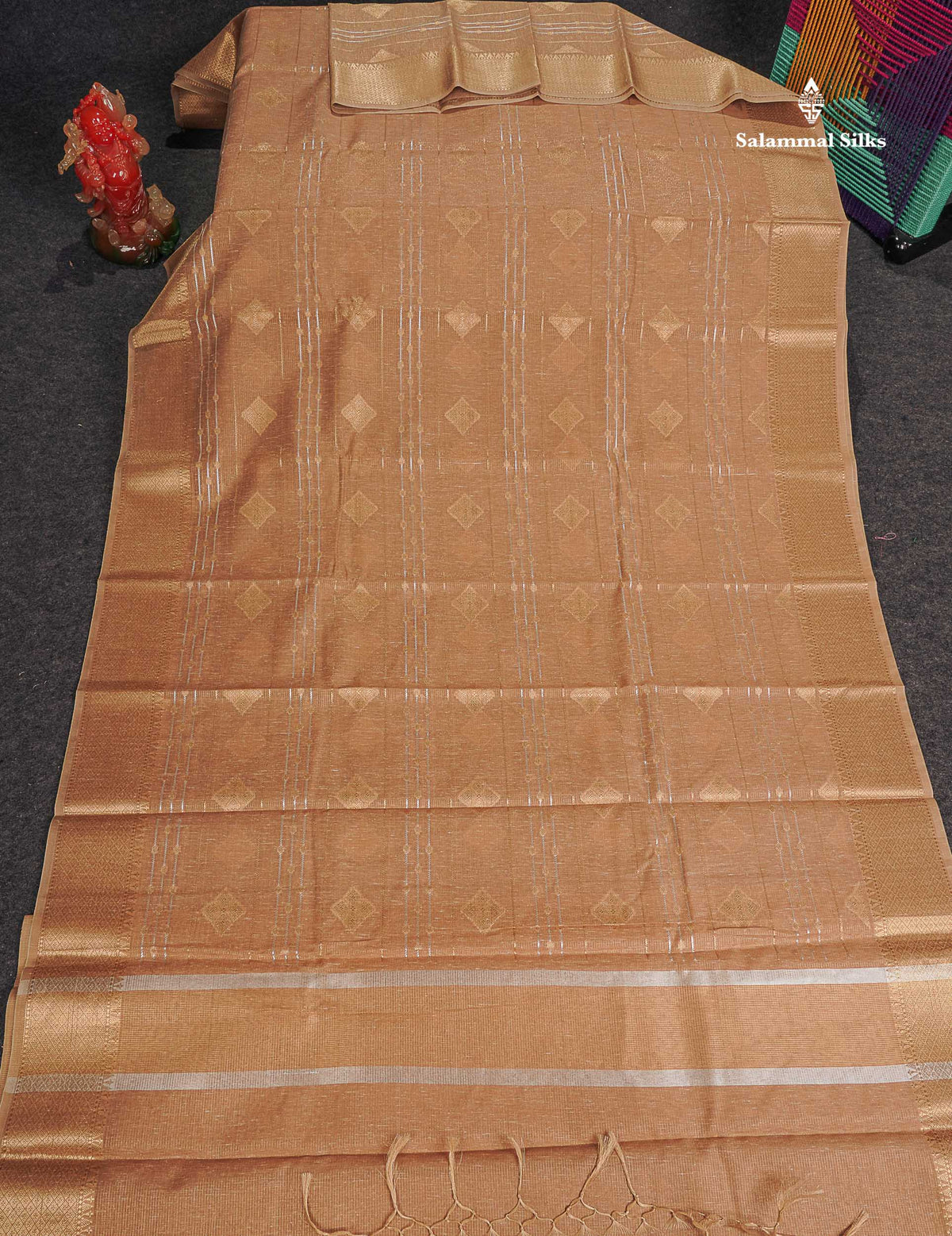Linen Cotton Mix Saree - Sandal Gold & Silver Zari Lines Along With Traditional Border