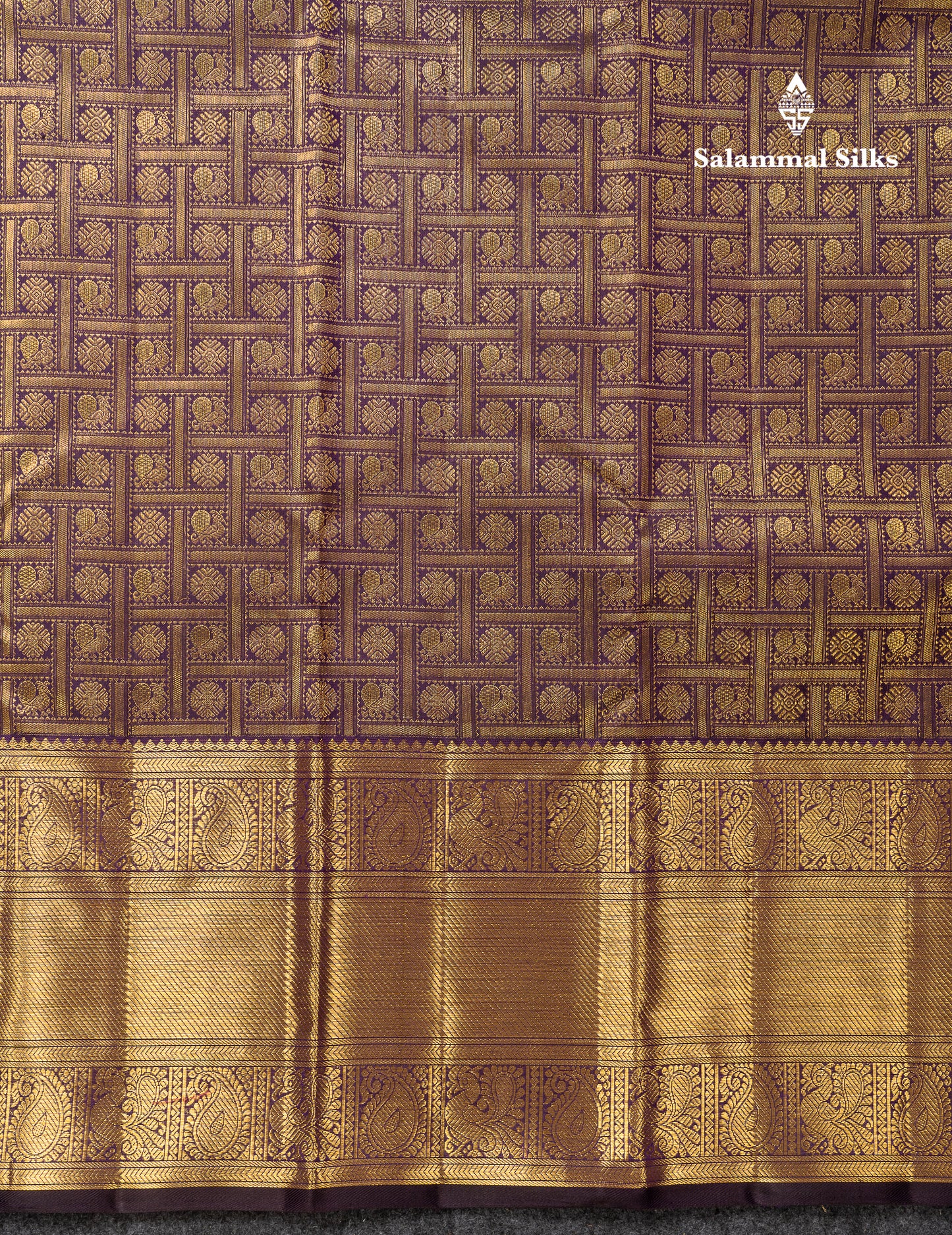 Beautiful Violet Chakaram & Mayil Butta Checks Bridal 2G Pure Kanjivaram Silk Saree With Traditional Evening Morning Border