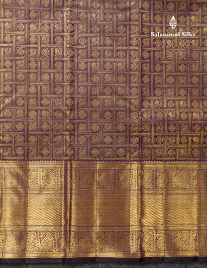 Beautiful Violet Chakaram & Mayil Butta Checks Bridal 2G Pure Kanjivaram Silk Saree With Traditional Evening Morning Border