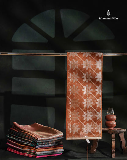 Cotton Mix - Rust Orange Floral Design Fancy Saree With Designer Blouse
