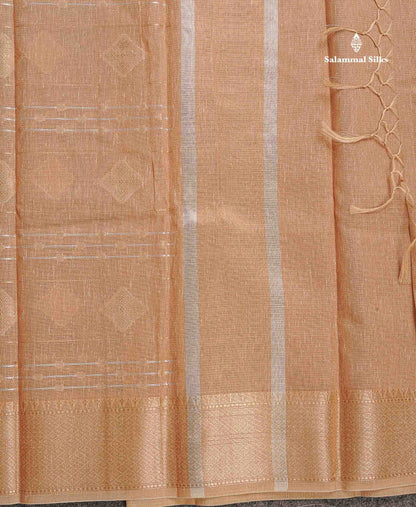 Linen Cotton Mix Saree - Brown Gold & Silver Zari Lines Along With Traditional Border