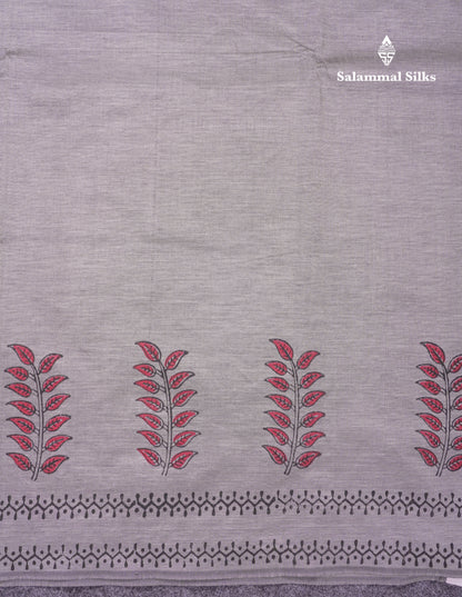 Beautiful Light Grey South Cotton Printed Saree With Contrast Reddish Maroon Blouse
