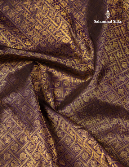 Beautiful Violet Chakaram & Mayil Butta Checks Bridal 2G Pure Kanjivaram Silk Saree With Traditional Evening Morning Border