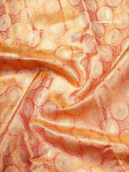 Beautiful Pinkish Orange Tissue Bridal Pure Kanjivaram Silk Saree With Fancy Border