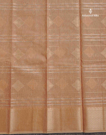 Linen Cotton Mix Saree - Brown Gold & Silver Zari Lines Along With Traditional Border