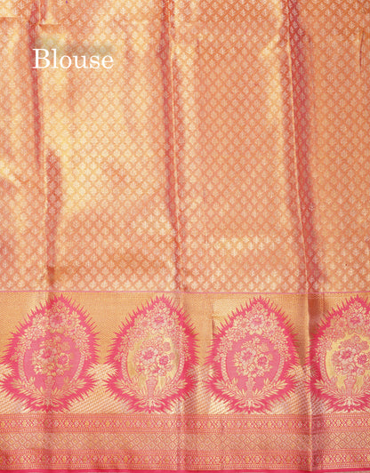 Beautiful Pinkish Orange Tissue Bridal Pure Kanjivaram Silk Saree With Fancy Border