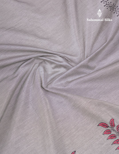 Beautiful Light Grey South Cotton Printed Saree With Contrast Reddish Maroon Blouse