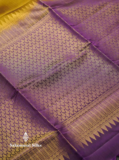 Beautiful Mustard Yellow PureMix Kanjivaram Soft Silk Saree With Contrast Violet Vanasingaram Fancy Border