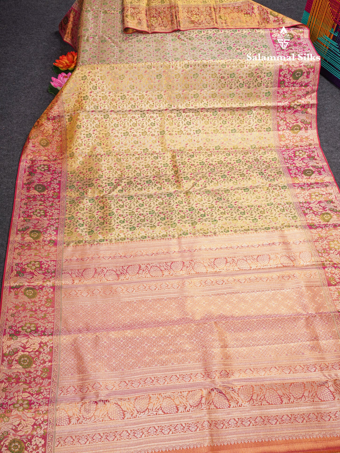 Beautiful Gold Tissue Meenakari Work Bridal Pure Kanjivaram Silk Saree With Contrast Pink Border