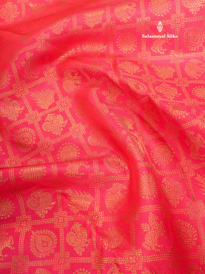 Pure Zari Bridal Reddish Pink Pure Kanjivaram Traditional Silk Saree With Gold Zari Border