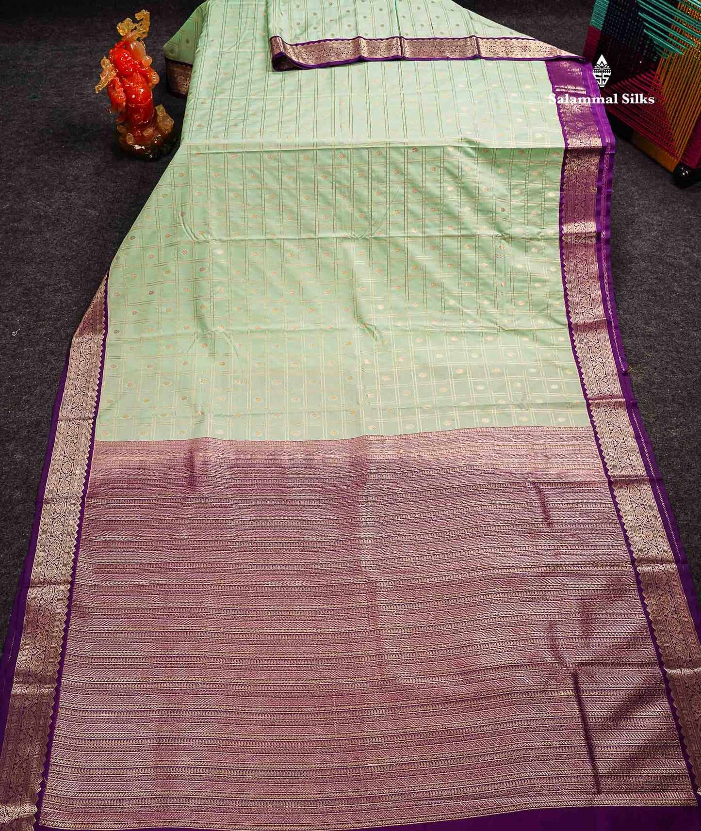 Semi Silk Saree - Light Rexona Butta With Checks Along With Contrast Dark Purple Traditional Small Border