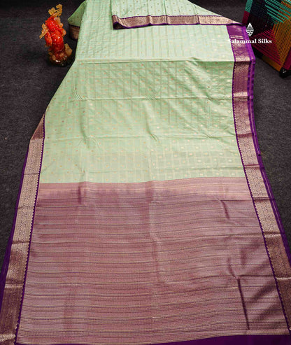 Semi Silk Saree - Light Rexona Butta With Checks Along With Contrast Dark Purple Traditional Small Border