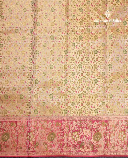 Beautiful Gold Tissue Meenakari Work Bridal Pure Kanjivaram Silk Saree With Contrast Pink Border