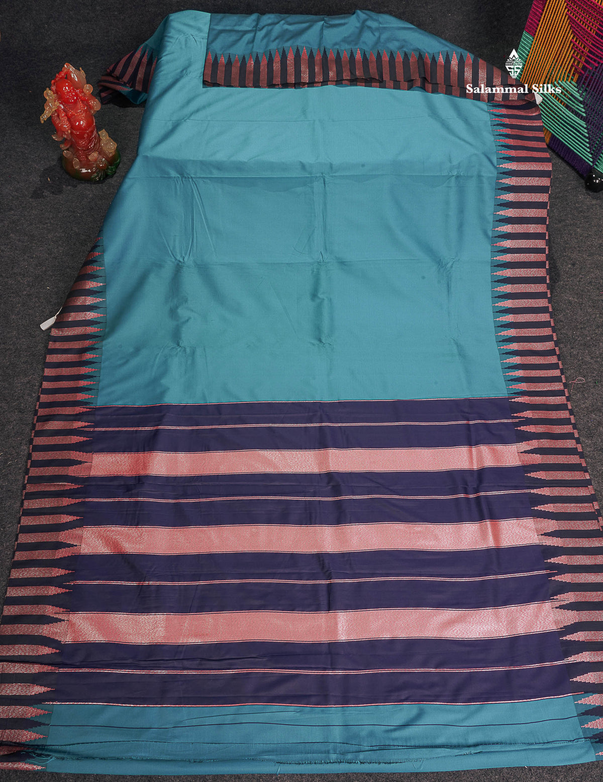 Semi Silk Saree - Teal Blue Colour Body Plain With Contrast Navy Blue Temple Border