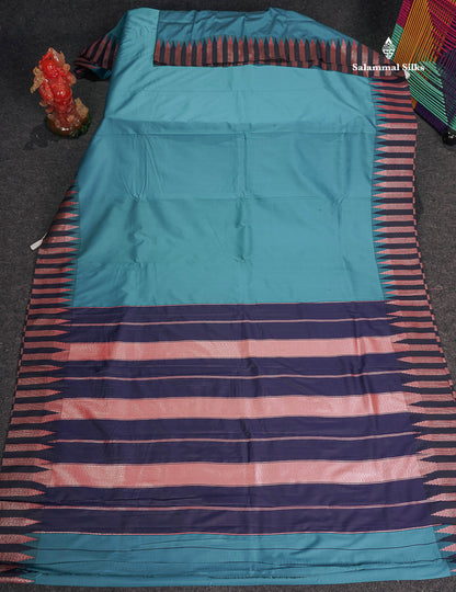 Semi Silk Saree - Teal Blue Colour Body Plain With Contrast Navy Blue Temple Border