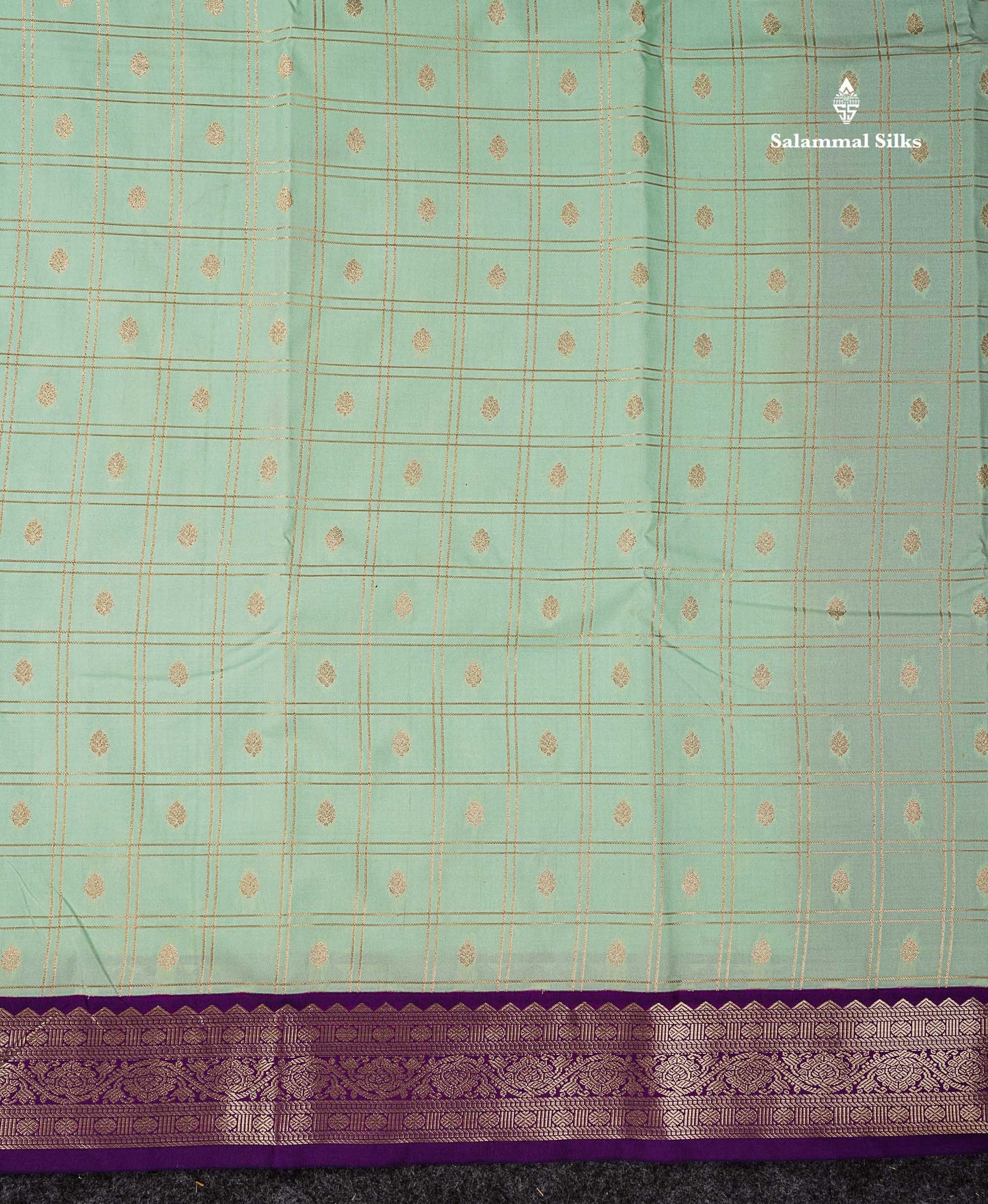 Semi Silk Saree - Light Rexona Butta With Checks Along With Contrast Dark Purple Traditional Small Border