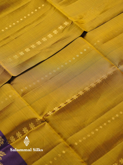 Beautiful Mustard Yellow PureMix Kanjivaram Soft Silk Saree With Contrast Violet Vanasingaram Fancy Border