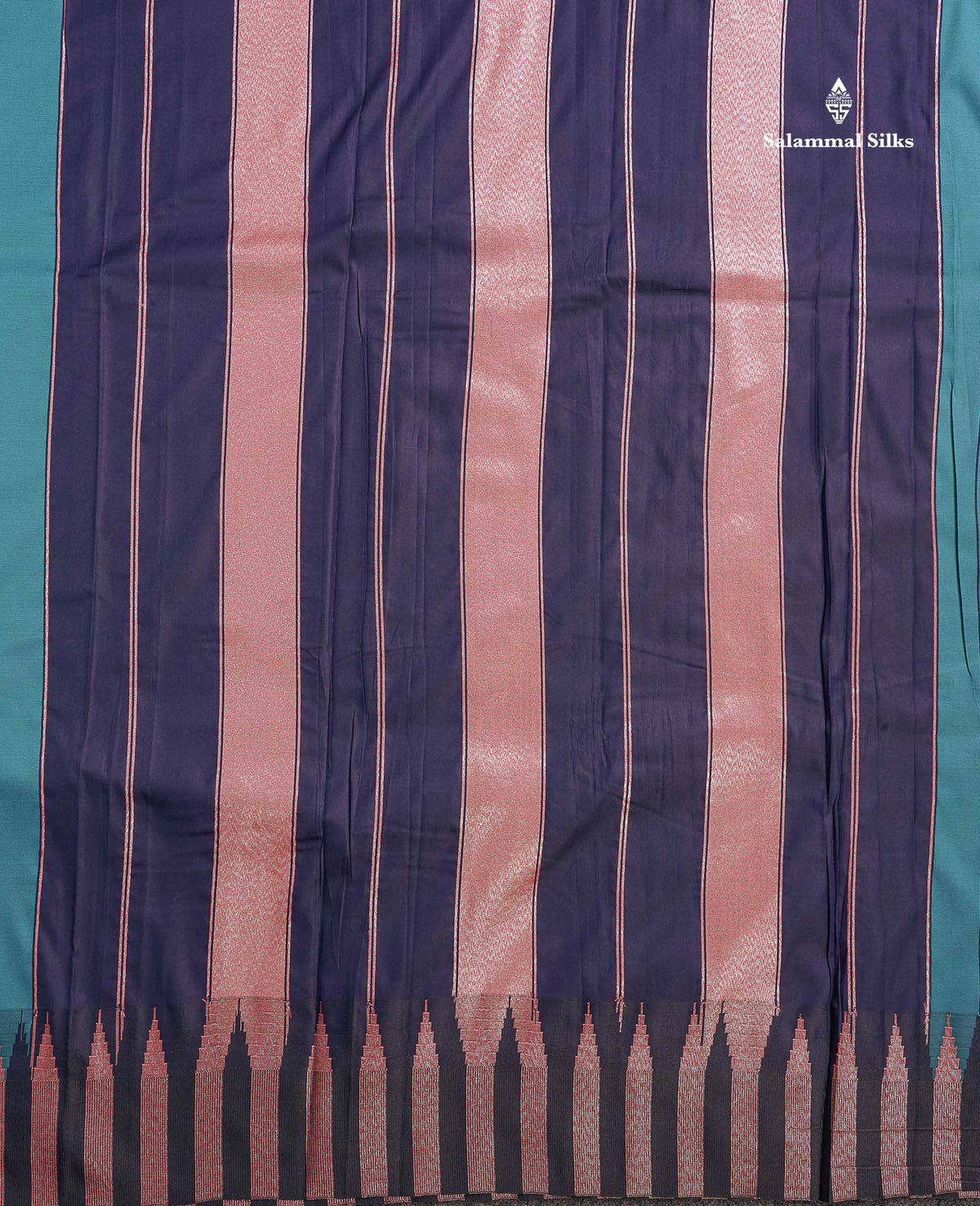 Semi Silk Saree - Teal Blue Colour Body Plain With Contrast Navy Blue Temple Border
