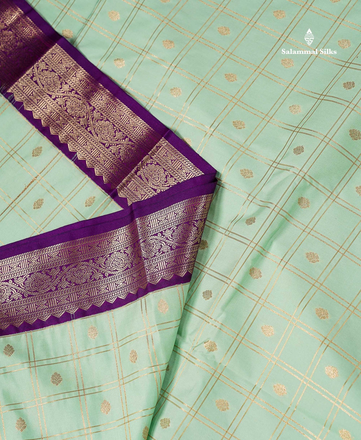 Semi Silk Saree - Light Rexona Butta With Checks Along With Contrast Dark Purple Traditional Small Border