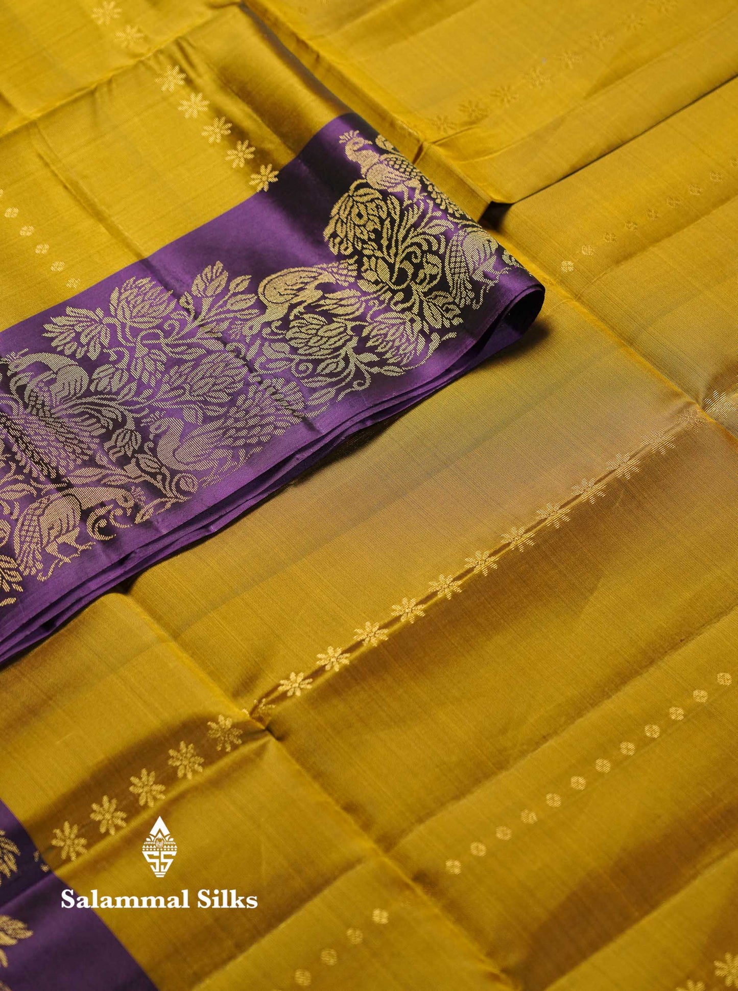 Beautiful Mustard Yellow PureMix Kanjivaram Soft Silk Saree With Contrast Violet Vanasingaram Fancy Border