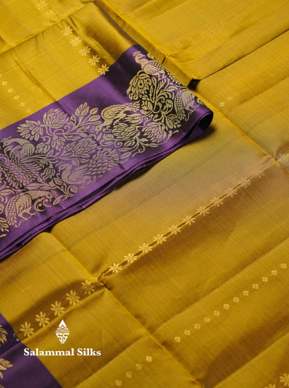Beautiful Mustard Yellow PureMix Kanjivaram Soft Silk Saree With Contrast Violet Vanasingaram Fancy Border