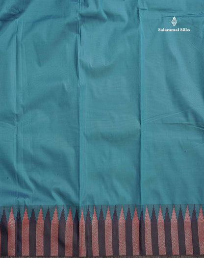 Semi Silk Saree - Teal Blue Colour Body Plain With Contrast Navy Blue Temple Border