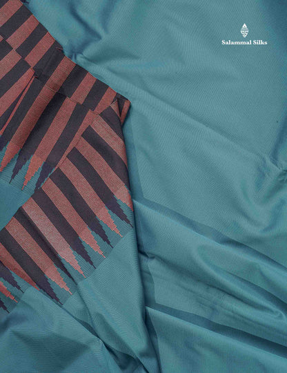 Semi Silk Saree - Teal Blue Colour Body Plain With Contrast Navy Blue Temple Border