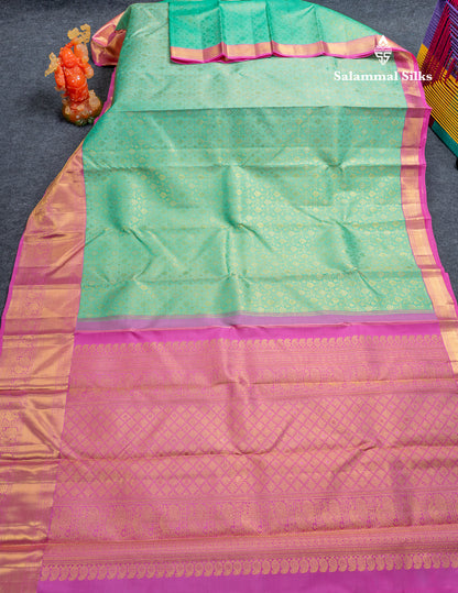 Beautiful Rexona Green Bridal 2G Pure Kanjivaram Silk Saree With Contrast Pink Traditional Evening Morning Border