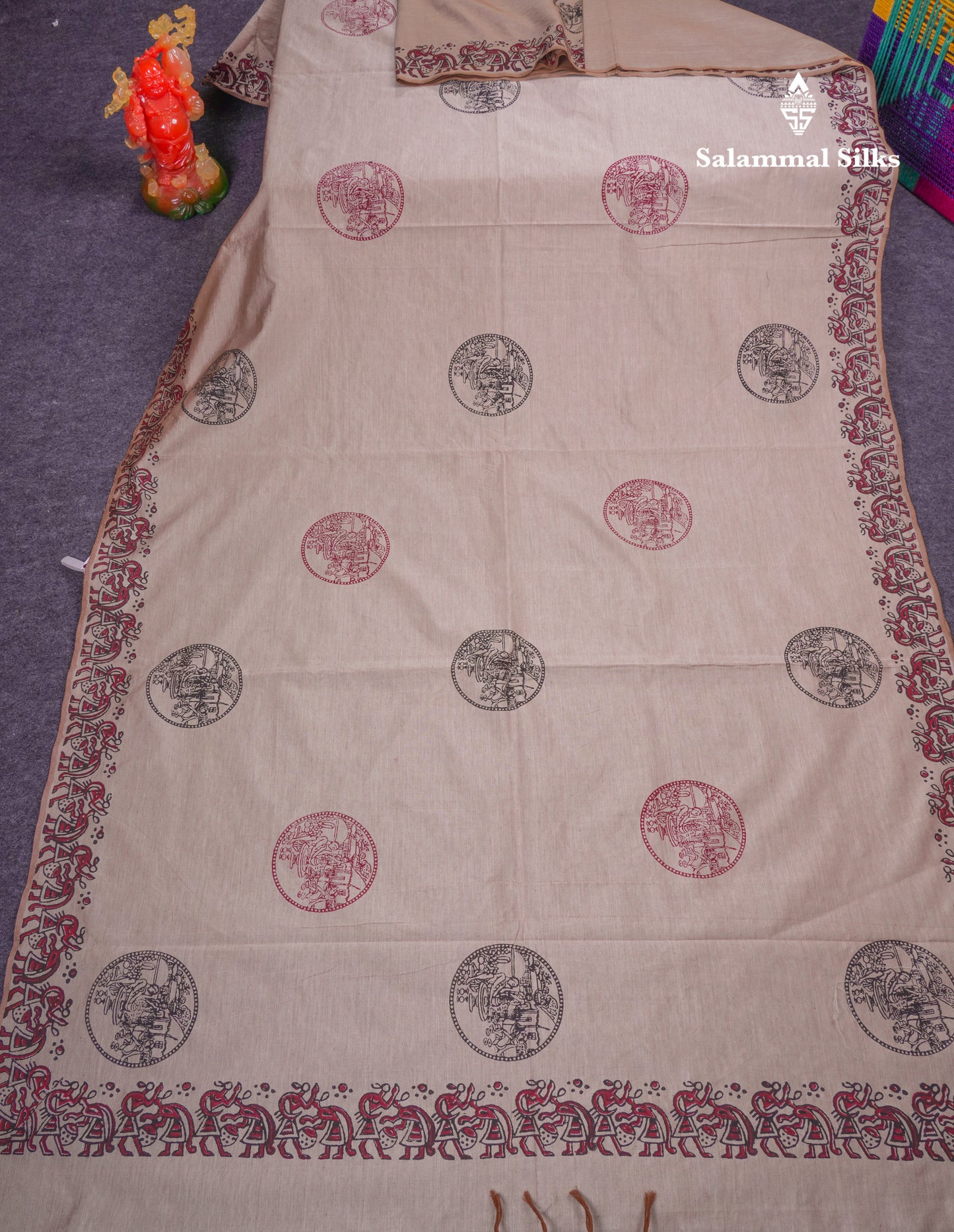 Beautiful Cream Sandal South Cotton Printed Saree With Contrast Reddish Maroon Blouse