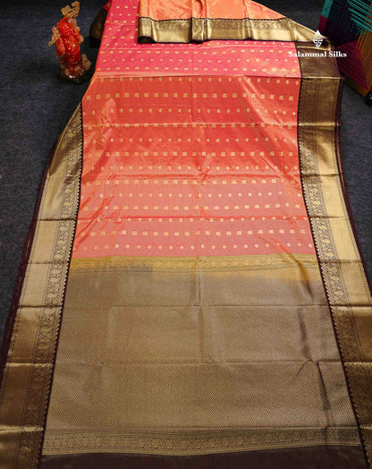 Semi Silk Saree - Light Lavender Traditional Buttas With Vaira Oosi Lines Along With Contrast Dark Brown Border