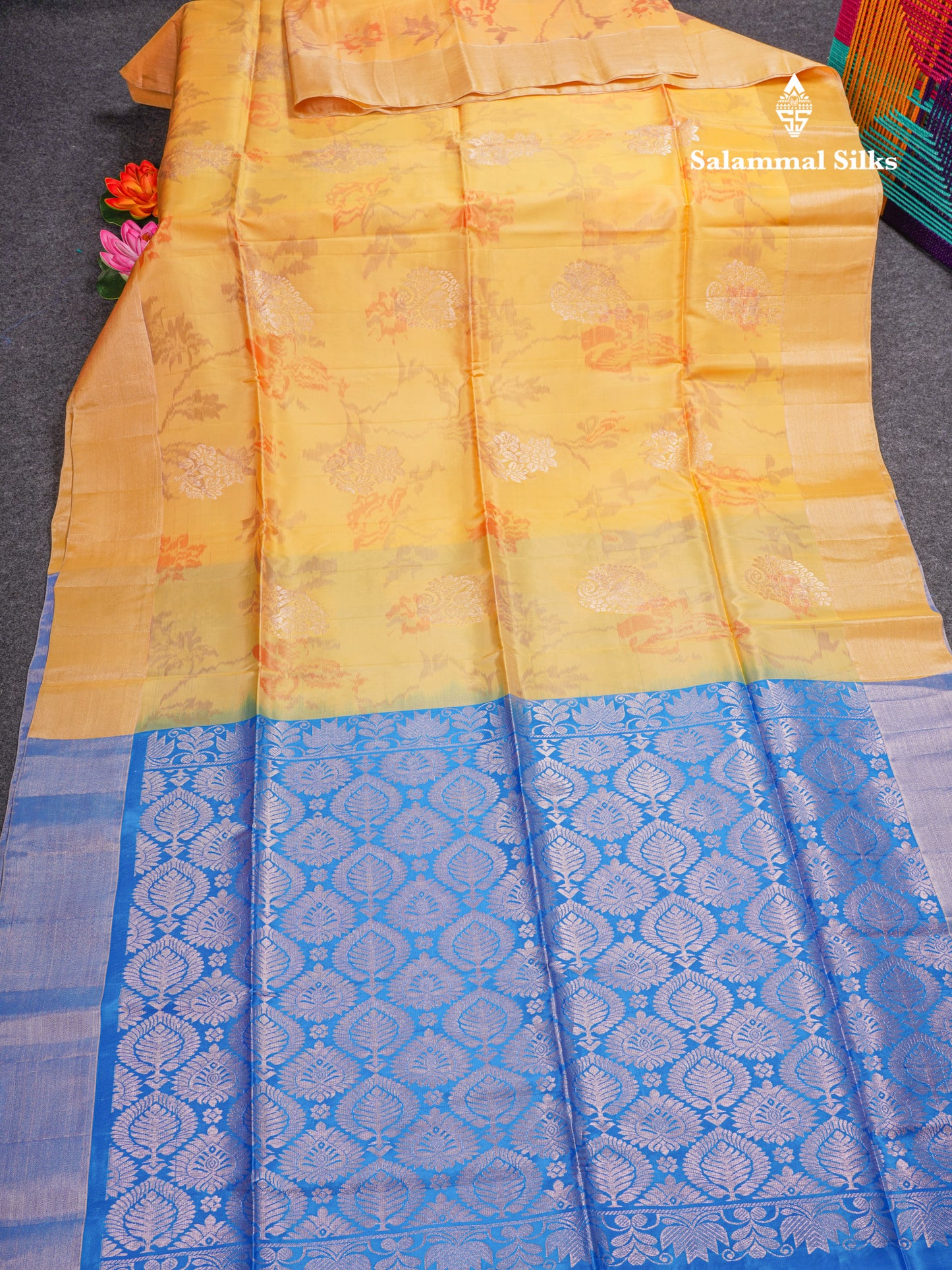 Sandal Pochampally Design Pure Silk Mix Soft Silk Saree With Contrast Blue Blouse