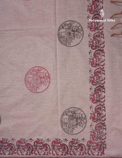 Beautiful Cream Sandal South Cotton Printed Saree With Contrast Reddish Maroon Blouse