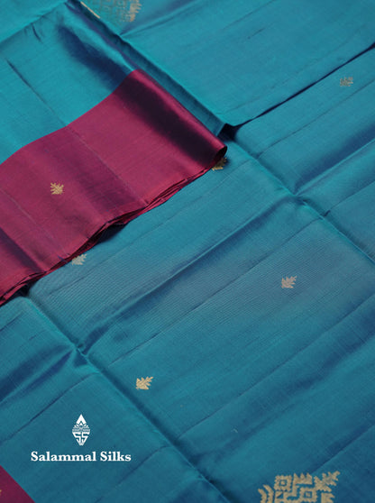 Beautiful Peacock Blue PureMix Kanjivaram Soft Silk Saree With Contrast Violet Blue Fancy Border
