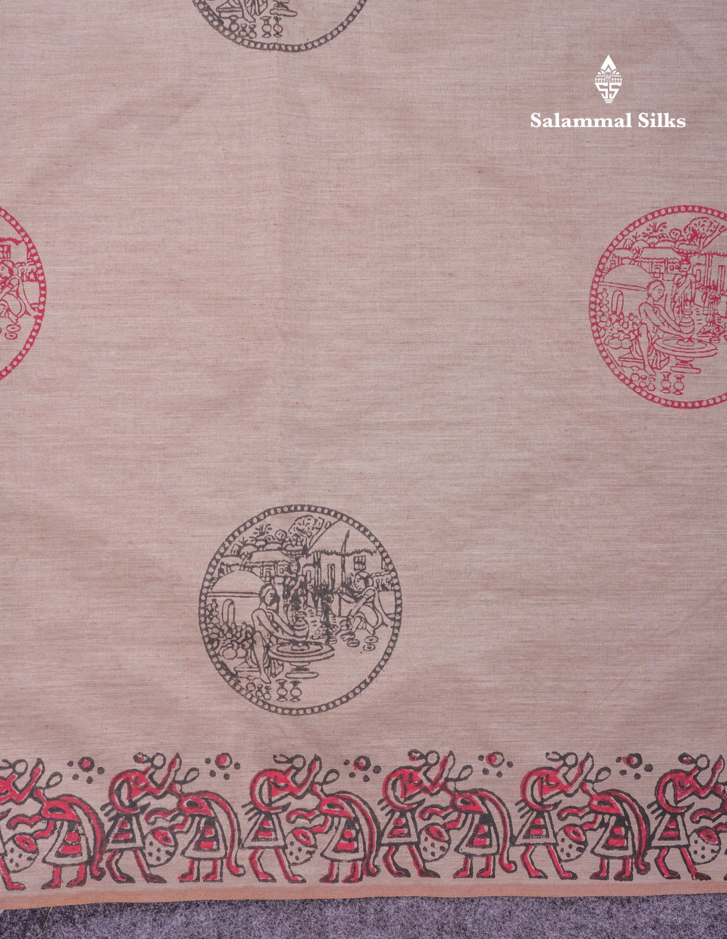 Beautiful Cream Sandal South Cotton Printed Saree With Contrast Reddish Maroon Blouse