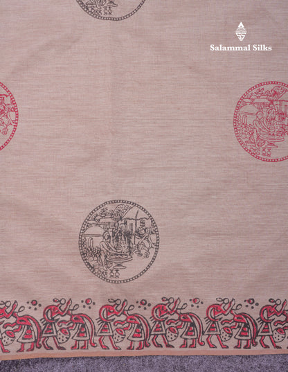 Beautiful Cream Sandal South Cotton Printed Saree With Contrast Reddish Maroon Blouse