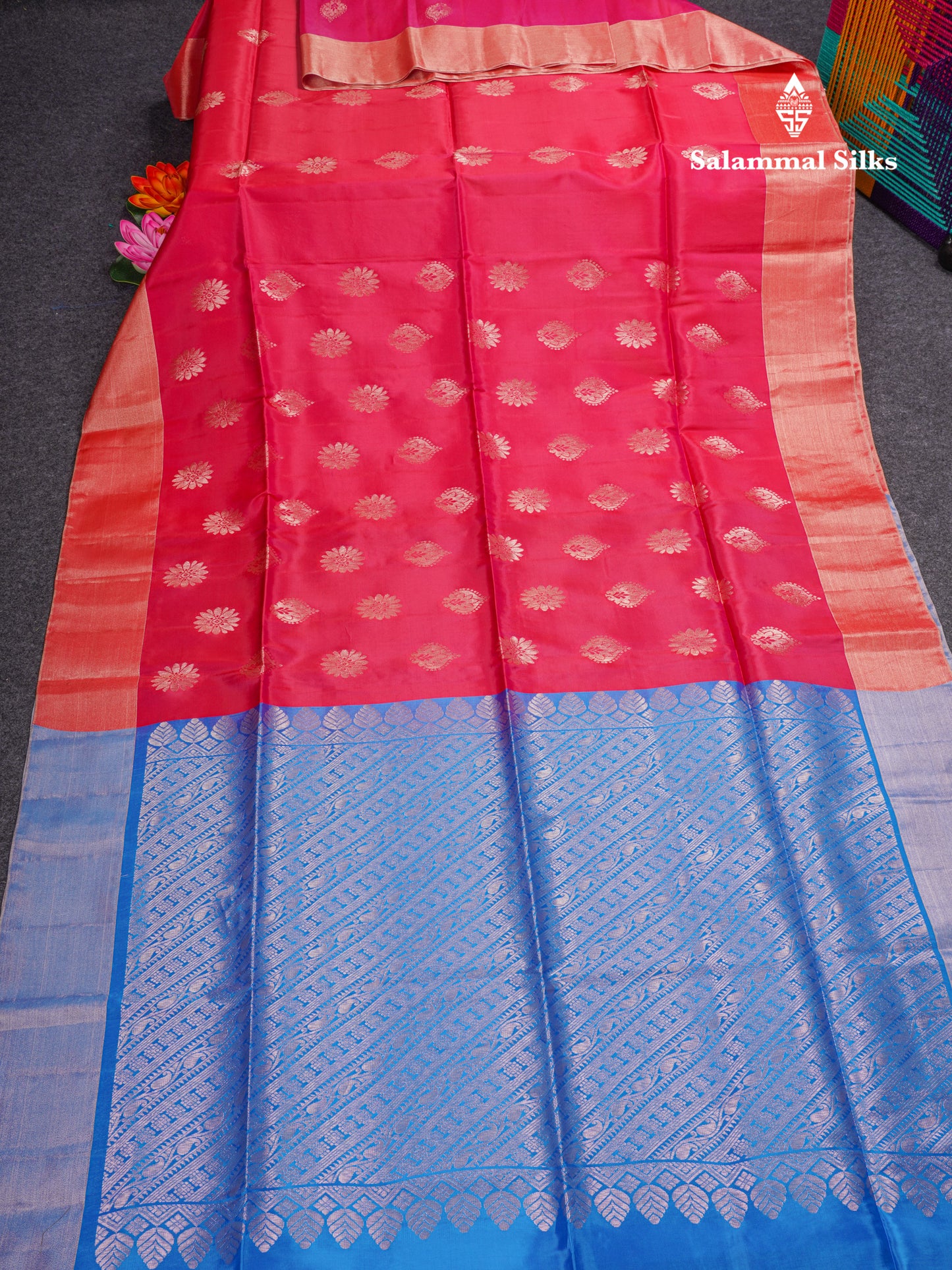 Pinkish Red Pure Silk Mix Soft Silk Saree With Contrast Blue Blouse