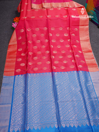 Pinkish Red Pure Silk Mix Soft Silk Saree With Contrast Blue Blouse