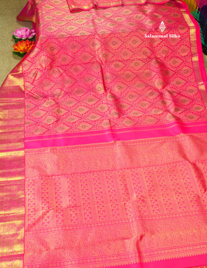 Pinkish Red Pure Kanjivaram Silk Saree 3G Zari with Gold Zari Border