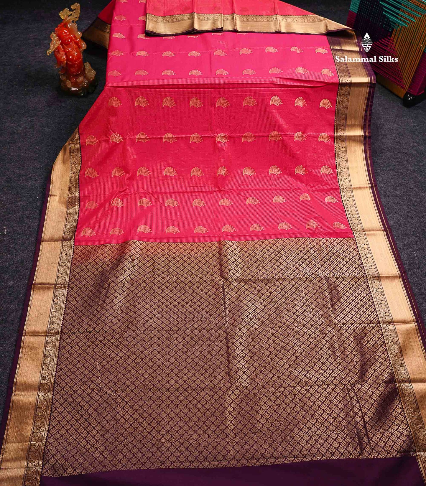 Semi Silk Saree - Rani Pink Butta With Vaira Oosi Lines Along With Contrast Dark Purple Traditional Border