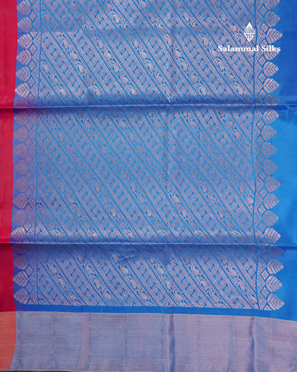 Pinkish Red Pure Silk Mix Soft Silk Saree With Contrast Blue Blouse