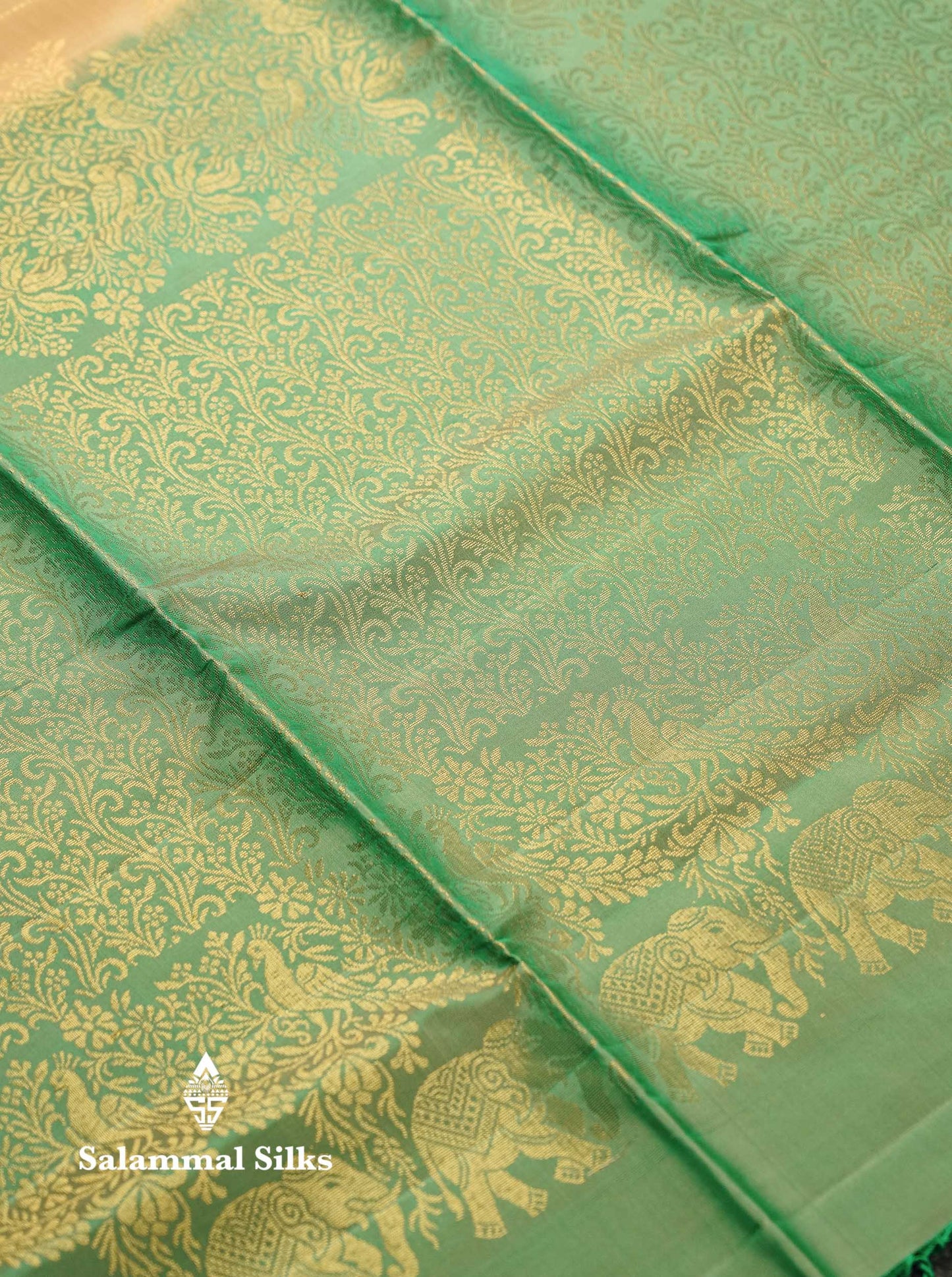 Beautiful Sandal PureMix Kanjivaram Soft Silk Saree With Contrast Sapphire Green Vanasingaram Fancy Border