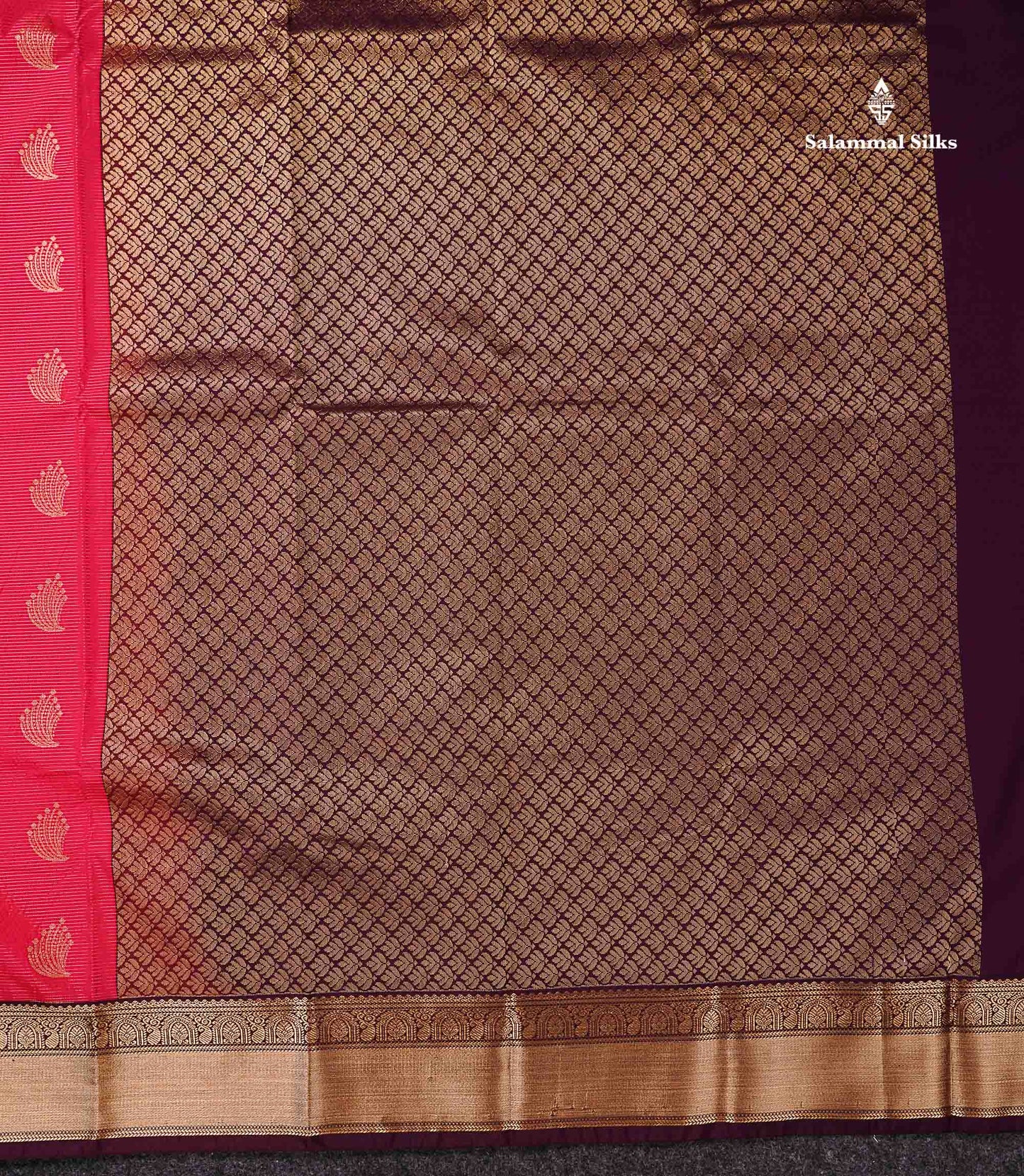 Semi Silk Saree - Rani Pink Butta With Vaira Oosi Lines Along With Contrast Dark Purple Traditional Border