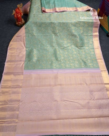 Beautiful Pastel Blue Bridal 2G Pure Kanjivaram Silk Saree With Contrast Baby Pink Traditional Evening Morning Border