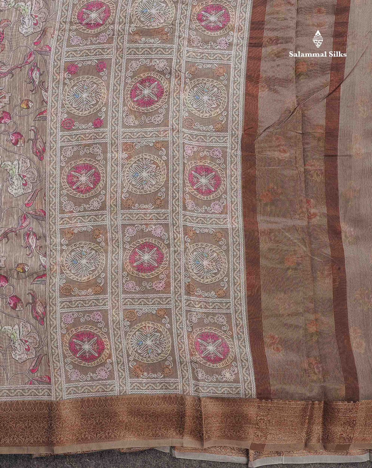 Cotton Mix Saree - Light Grey Colour Body Floral Design With Fancy Border